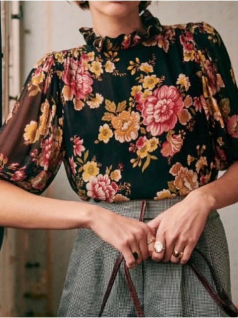 Sezane Black Floral Ruffled Mock-Neck Blouse